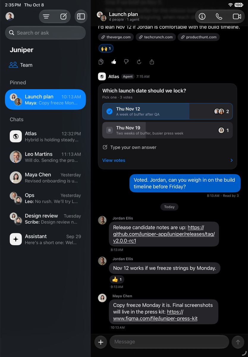 HopChat on iPad in dark mode: the chat sidebar with pinned and recent chats beside the same Launch plan conversation.