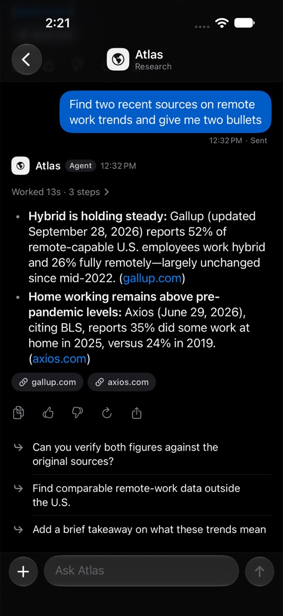 The Atlas agent answering on iPhone: “Worked 13s · 3 steps,” two cited bullet points, source chips for gallup.com and axios.com, and three suggested follow-ups.