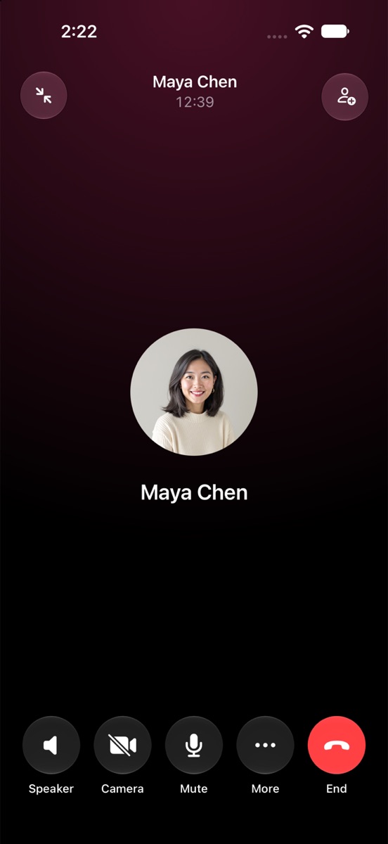A voice call with Maya Chen on iPhone, with Speaker, Camera, Mute, More, and End buttons.