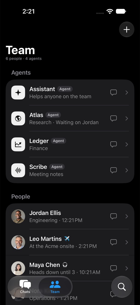 The Team tab on iPhone: four agents (Assistant, Atlas, Ledger, and Scribe) listed above the people at the company, each with a role and status.